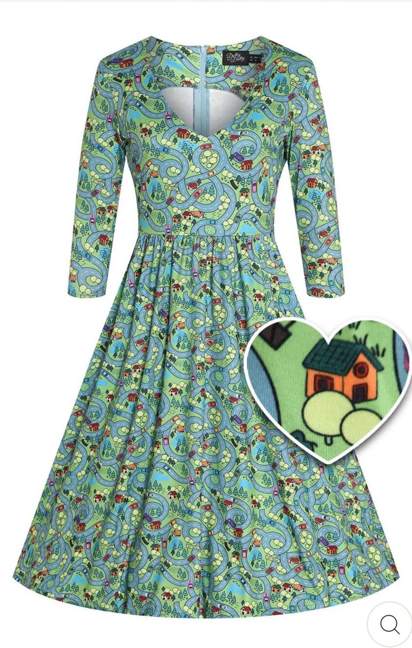 Dolly and Dotty Unique Vintage Billie Green Car Race Track Midi Flared Dress 10